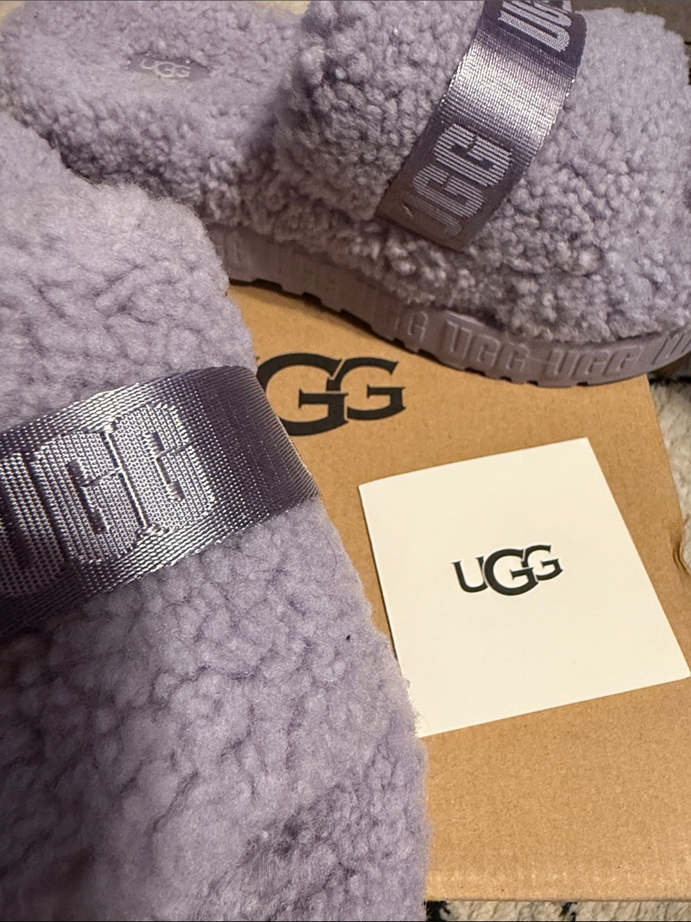 UGG Lavender Plush Shearling Slide with Branded Strap